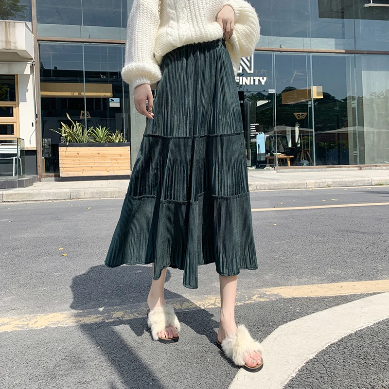 

í•˜ë¼ì£¼ì¿ í•œêµ­ìŠ¤íƒ€ì¼ Velvet A-Line Long Skirt 2021 New Autumn And Winter Vintage Fashion Solid High-Waist Mid-Calf Skirts All-Match